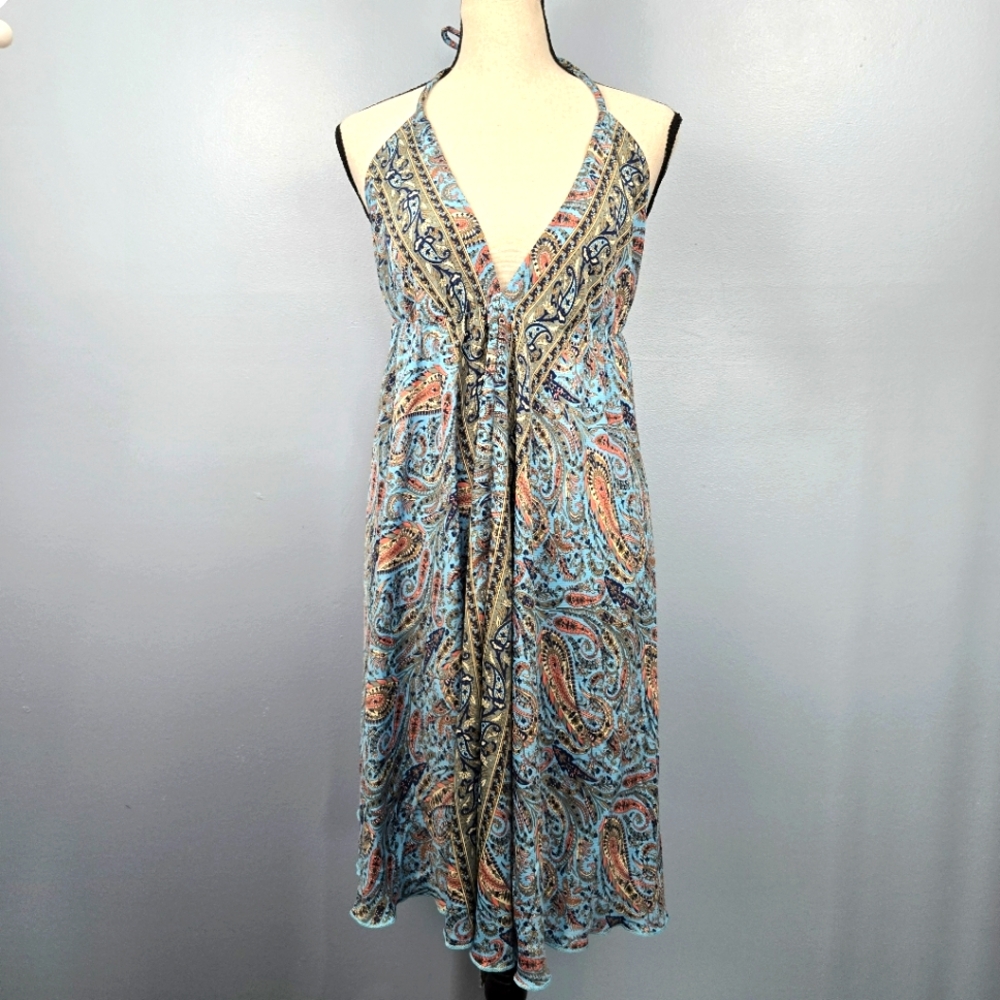 Kasturi Vintage Silk Halter‎ Dress Open Back Tassel Tie Paisley Boho Blue Pink